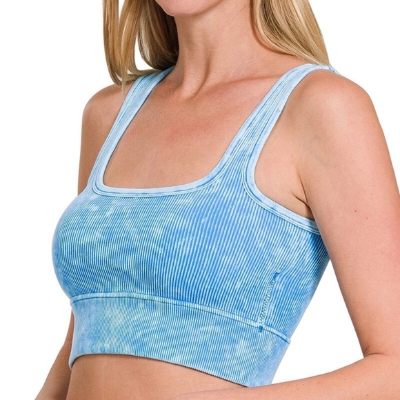 Zenana Outfitters Tops - New Zenana Women's Acid Wash Ribbed Blue Bra Bralette Cropped Removal Padded